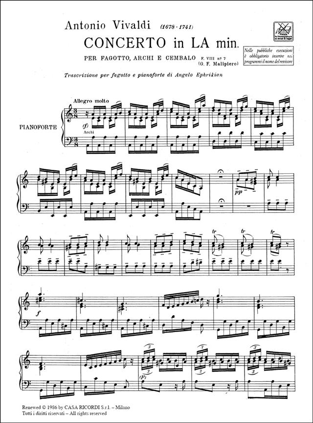 Concerto In A Minor F.VIII 7 - Rv 497 - F.Viii-7 - Trascrizione per Fagotto e Pianoforte - fagot a klavír